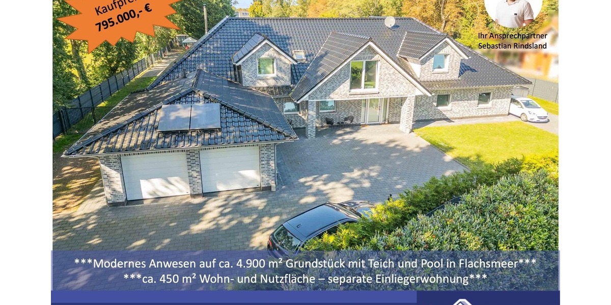 ***Modernes Anwesen - Haus mit Einliegerwohnung auf ca. 4.900 m² Grundstück mit Teich in Flachsmeer*** - Einfamilienhaus Westoverledingen | Angebot:23273632