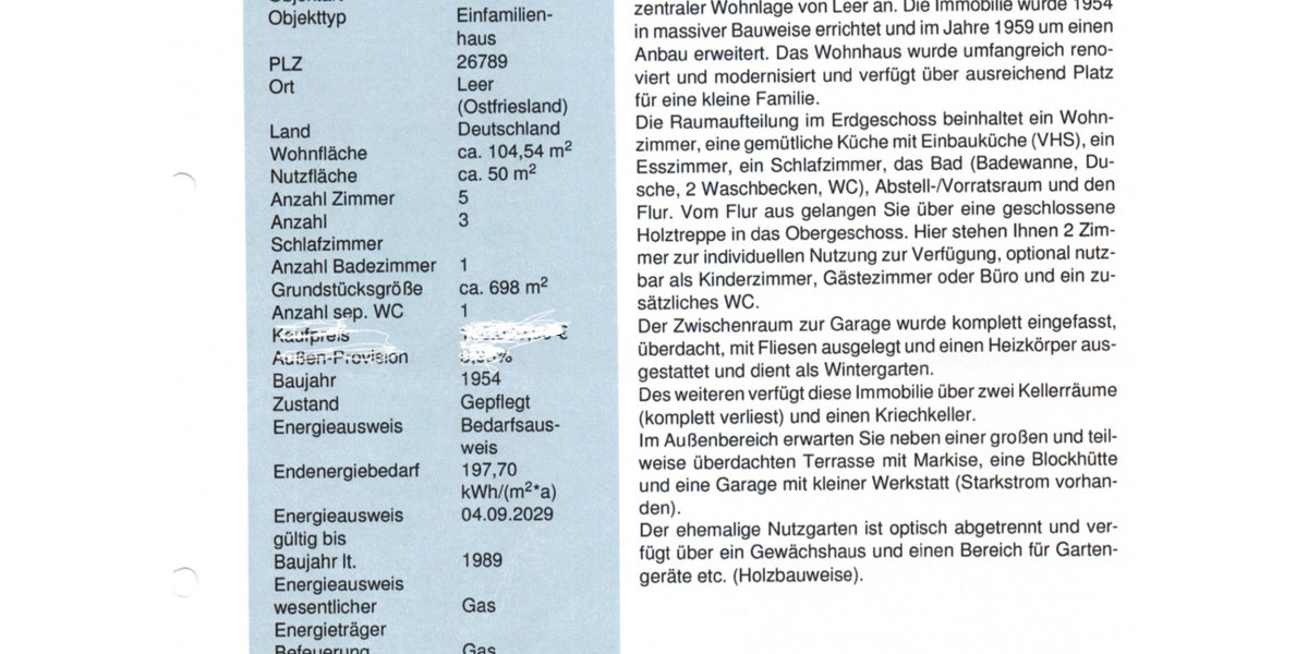 Einfamilienhaus Leer (Ostfriesland) - 6 Zimmer, 105 m&sup2;, 334.000&euro; | Angebot:25159820