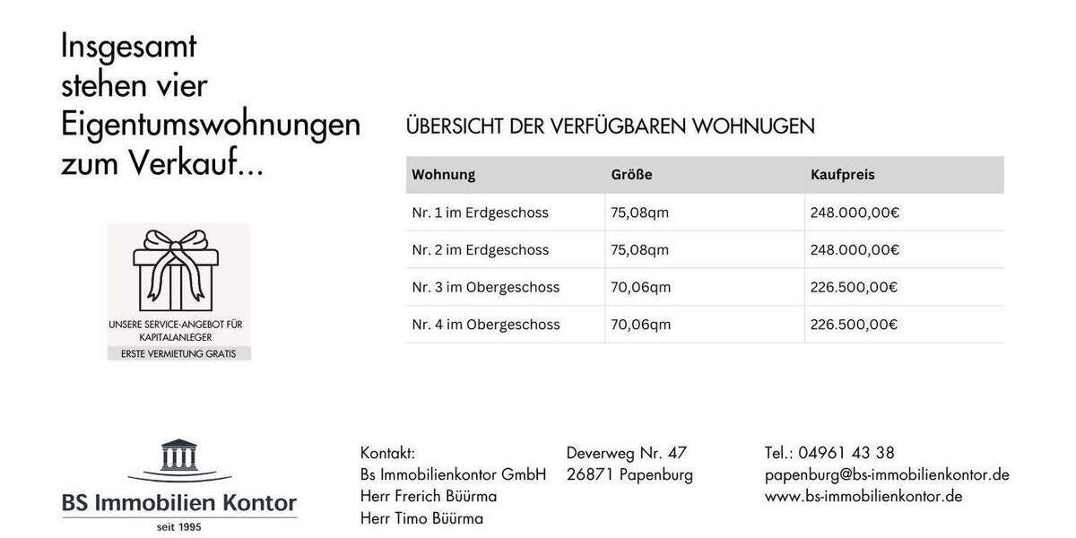 Etagenwohnung Weener Beschotenweg - 3 Zimmer, 70 m&sup2;, 226.500&euro; | Angebot:25740685